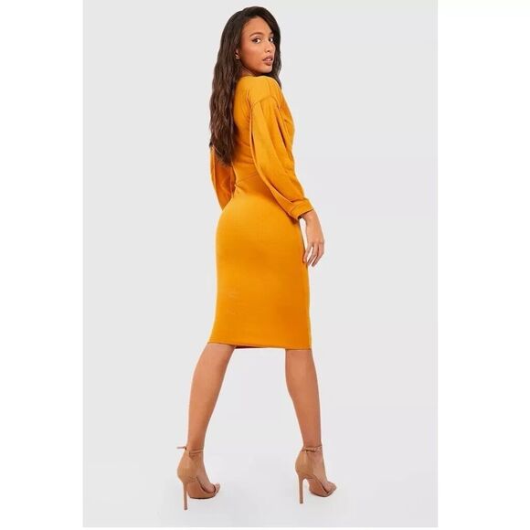 Boohoo Women's size 8 Off Shoulder Faux Wrap Midi Dress Deep V-Neck Sleek - Picture 3 of 11